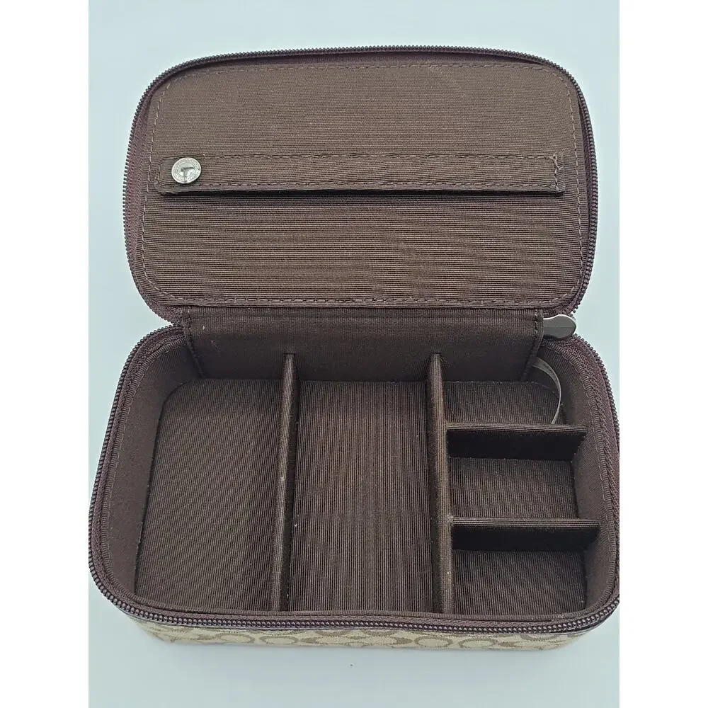 Coach Signature Travel Cosmetic Jewelery Bag Brown Leather Trim Zip Case 6x4 x2